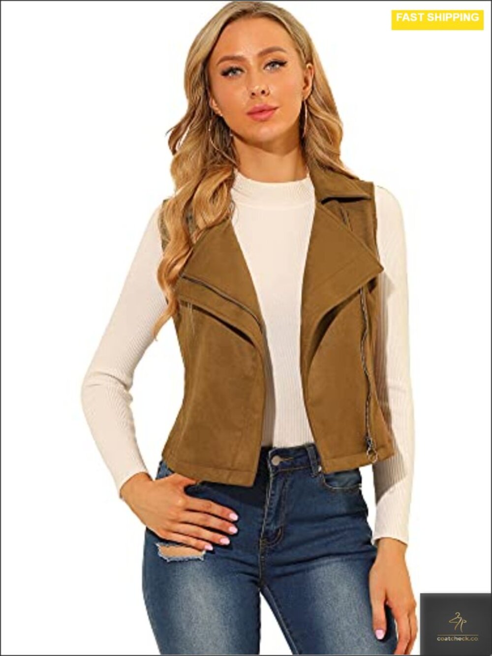 Faux Suede Moto Vest Zip Up Sleeveless Jacket
